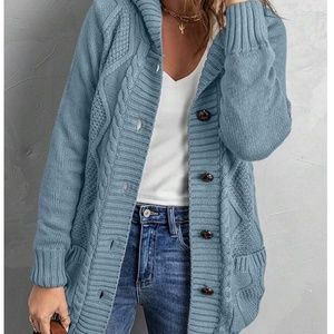 Cozy Light Blue Teddy Lined Cable knit Hoodie Cardigan Jacket Shacket
